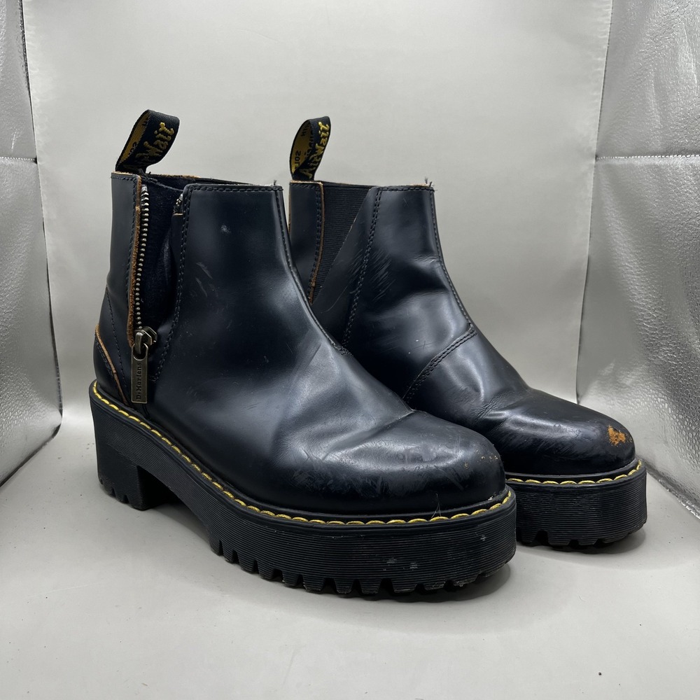 Dr. Martens Rometty II Black Leather Lady's Platform Ankle Boots Size 8